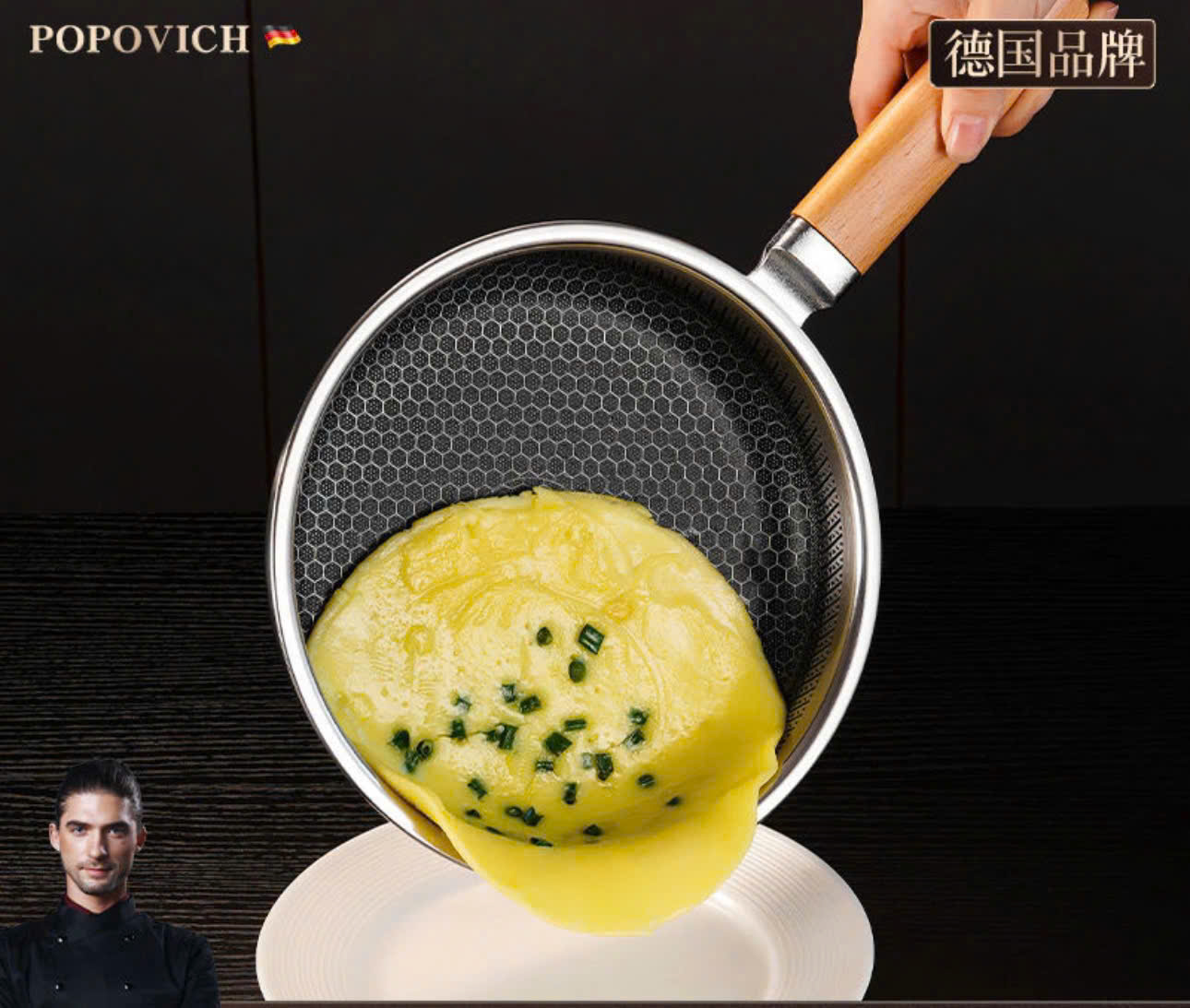 Chảo đúc inox 18/10 chống dính vân nổi size 16cm, tay cầm gỗ có móc treo