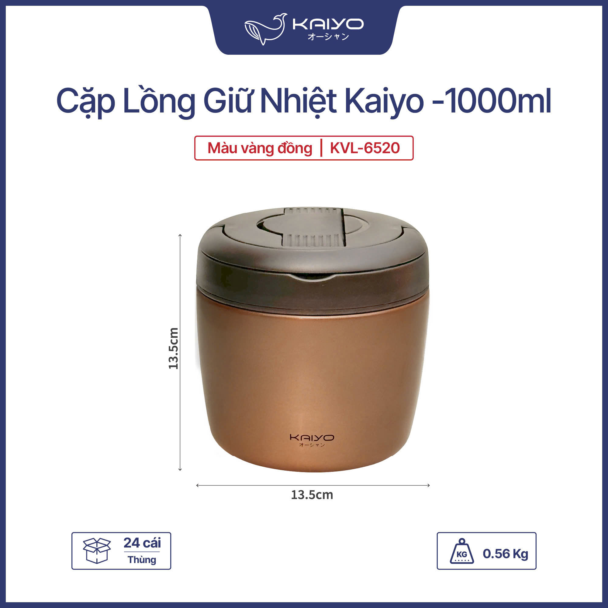 Cặp lồng giữ nhiệt Kaiyo KVL-6520, 1000ml, màu vàng đồng