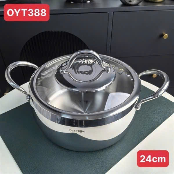 Nồi vạc inox nắp vung kính OYT388 Size 24cm