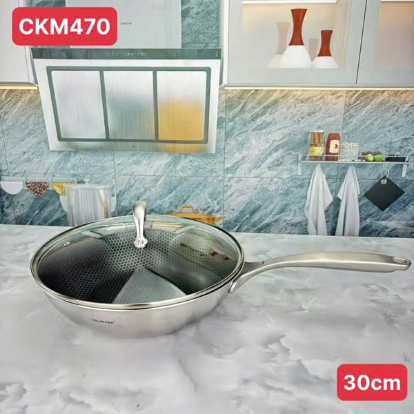 Chảo inox 18/10 liền khối chống dính sâu lòng vân tổ ông Chockmen 30cm CKM470