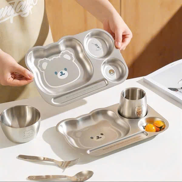 Set đĩa bát cốc thìa ăn dặm inox 304 cho bé mẫu Gấu NK-A