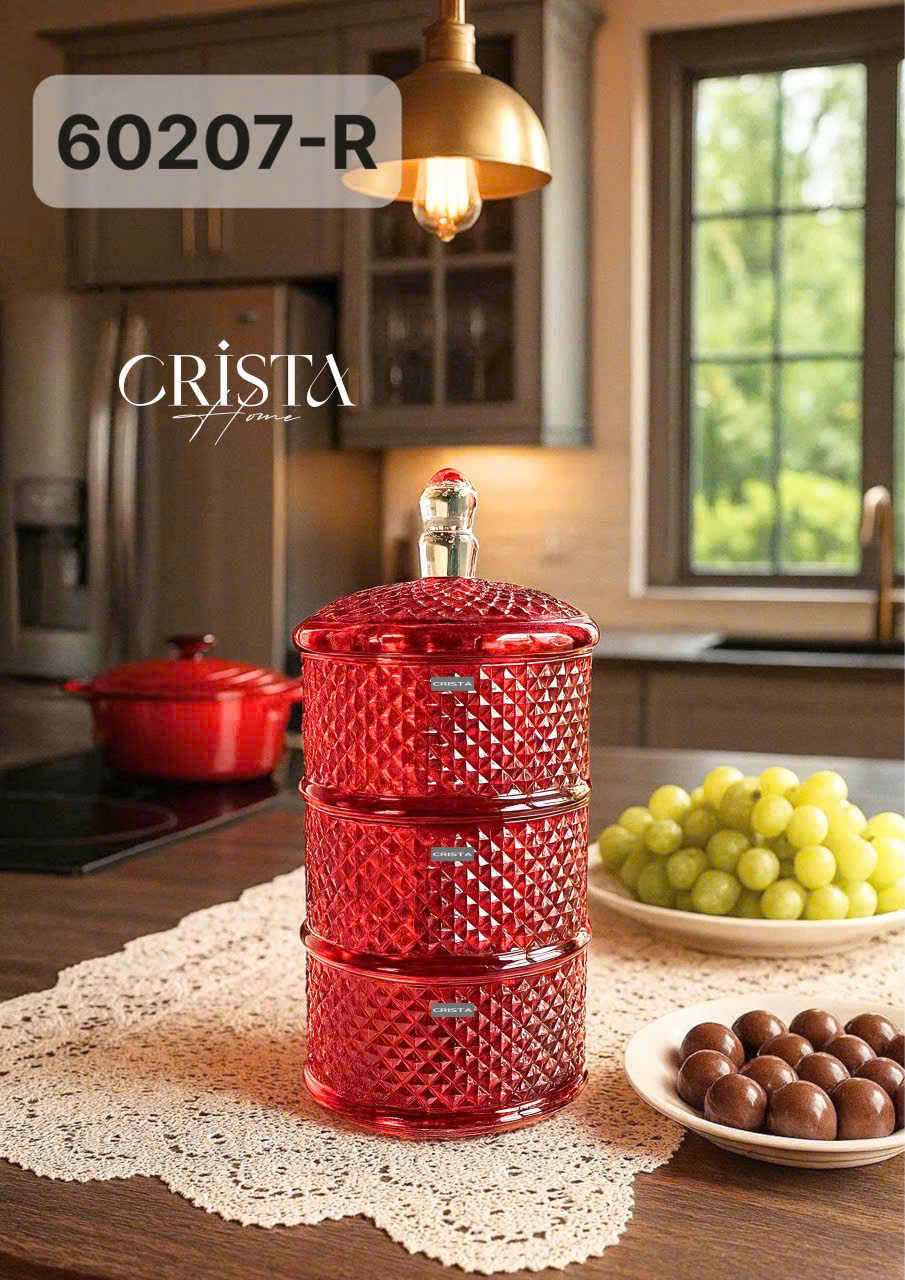 Hũ đựng mứt 3 tầng vân kiem cương CRISTA HOME, mã 60207-R, màu RED