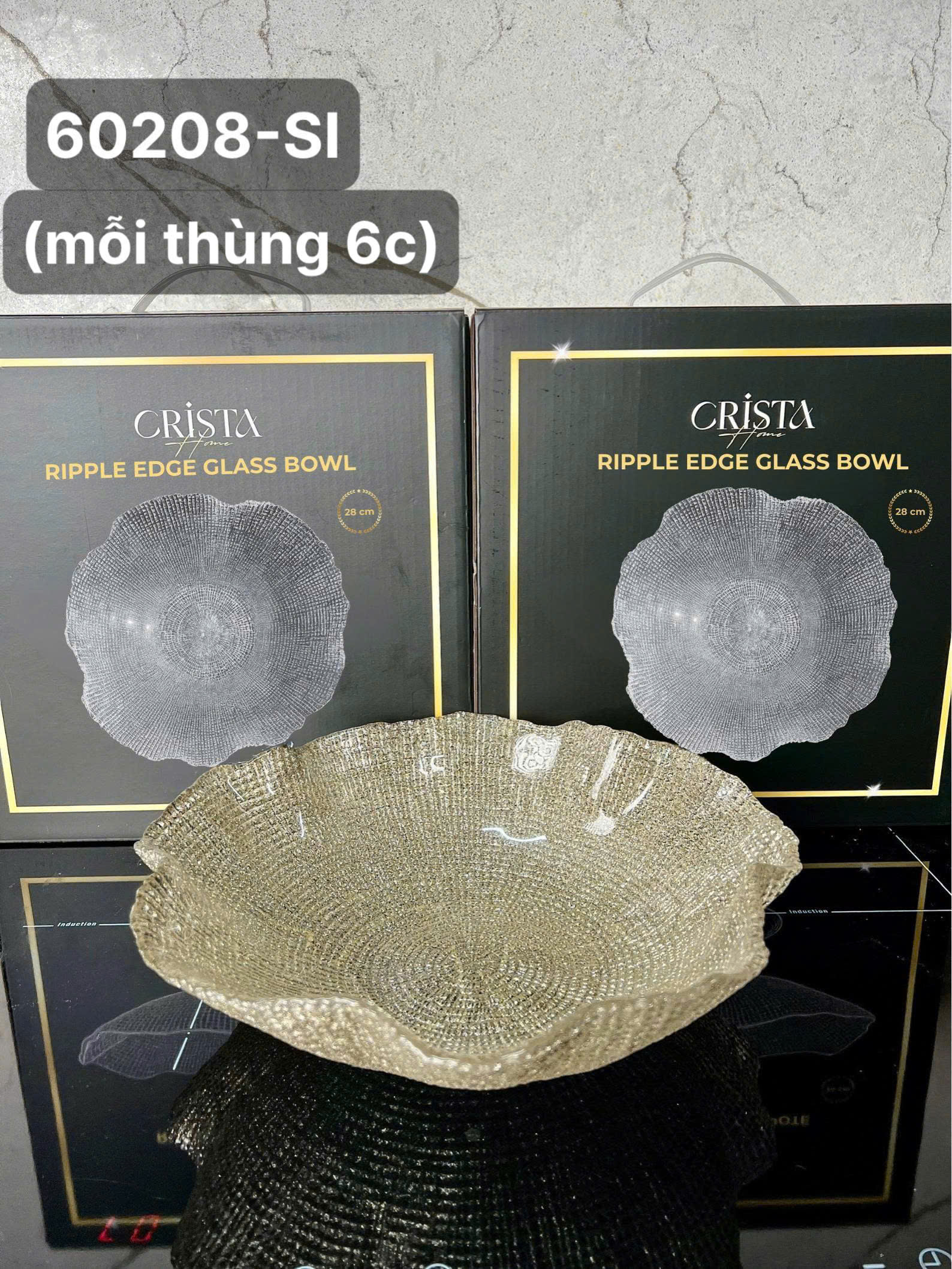 Bát bằng thuỷ tinh hoạ tiết vân lưới, màu bạc, CRISTA HOME, model: 60208-SI