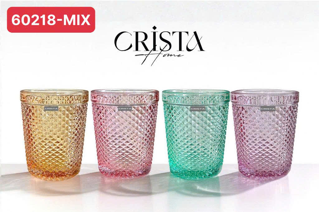Bộ 4 cốc thuỷ tinh hoạ tiết vân kim cương, nhiều màu CRISTA HOM, model: 60218-MIX, 300ml