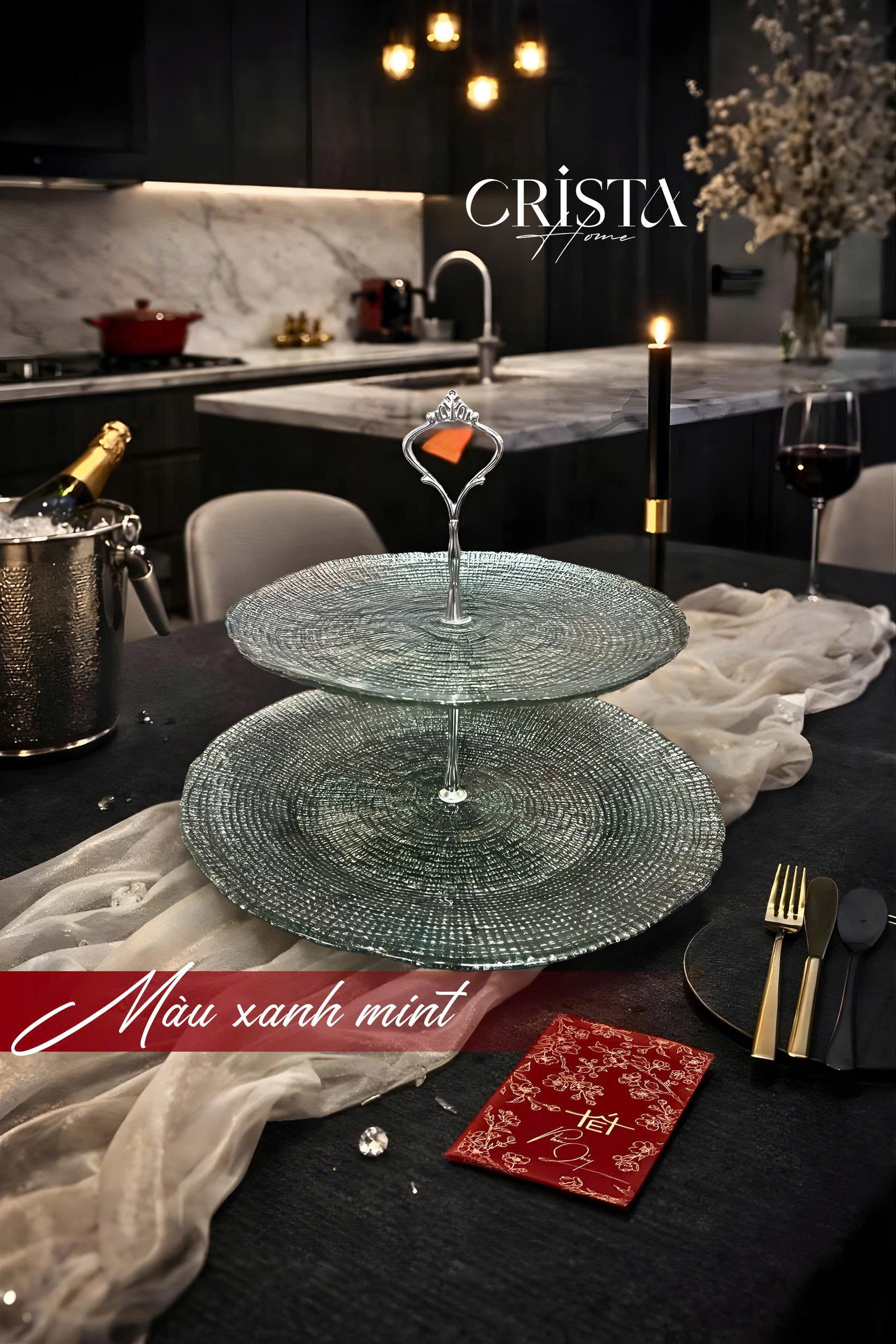 Bộ đĩa thuỷ tinh 2 tầng vân lưới tròn 28cm + 22,5cm CRISTA HOME, 60224-G màu xanh