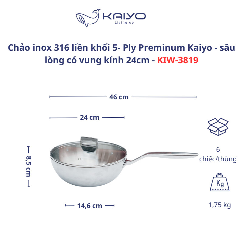 Chảo inox 316 liền khối 5-Ply Premium Kaiyo sz24cm KIW3819- sâu lòng có vung kính