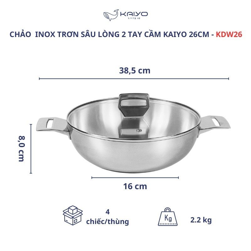 Chảo inox trơn sâu lòng 2 tay cầm Kaiyo 26cm KDW3628
