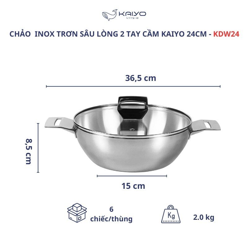 Chảo inox trơn sâu lòng 2 tay cầm Kaiyo 24cm KDW3611